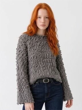 Sadie & Sage Gray Pom-Pom Textured Crewneck Sweater